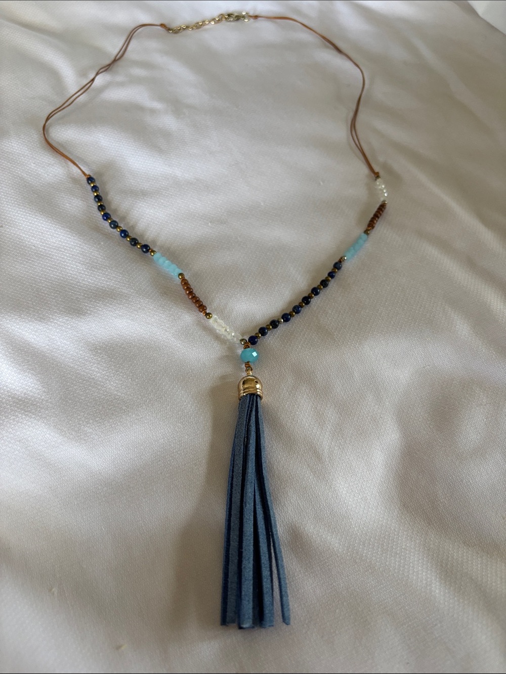 Bohemian Blue leather Tassel Beaded long Necklace brown tan white beads hippie